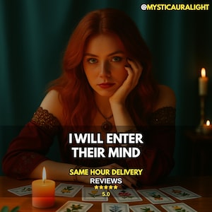 May include: A woman with red hair and a burgundy dress sits at a table with tarot cards. The text "I WILL ENTER THEIR MIND" is displayed. The image also includes the text "SAME HOUR DELIVERY" and "REVIEWS 5.0".
