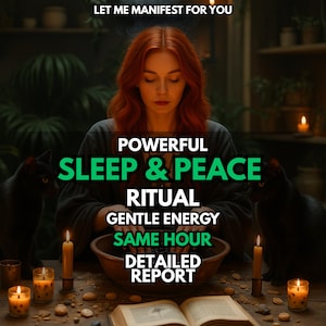 Könnte beinhalten: Ein Bild mit dem Text "LET ME MANIFEST FOR YOU". Das Bild zeigt eine Frau mit roten Haaren, Kerzen, schwarze Katzen und die Worte "POWERFUL SLEEP & PEACE RITUAL GENTLE ENERGY SAME HOUR DETAILED REPORT".