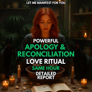 Puede incluir: Imagen con el texto "LET ME MANIFEST FOR YOU". La imagen presenta a una mujer pelirroja, velas, gatos negros y las palabras "POWERFUL APOLOGY & RECONCILIATION LOVE RITUAL SAME HOUR DETAILED REPORT".