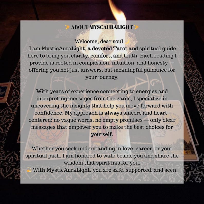 May include: Image features text: "ABOUT MYSCAURALIGHT" and "Welcome, dear soul." The text describes a Tarot and spiritual guide offering clarity, comfort, and truth. The image includes a lit candle and tarot cards, suggesting a spiritual theme.