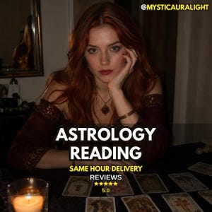 May include: A person with long red hair wearing a dark maroon off-the-shoulder top with gold trim, a necklace, and a bracelet. Text reads ASTROLOGY READING, SAME HOUR DELIVERY, REVIEWS, 5.0, and @MYSTICAURALIGHT. A lit candle and tarot cards are present.