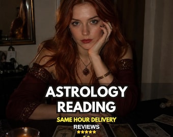 May include: A person with long red hair wearing a dark maroon off-the-shoulder top with gold trim, a necklace, and a bracelet. Text reads ASTROLOGY READING, SAME HOUR DELIVERY, REVIEWS, 5.0, and @MYSTICAURALIGHT. A lit candle and tarot cards are present.