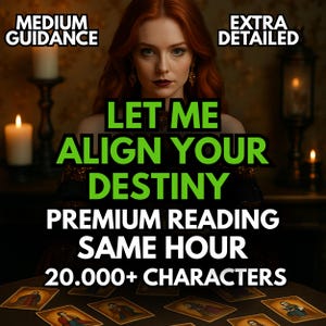 May include: An image featuring a woman with red hair, with text that reads "LET ME ALIGN YOUR DESTINY". The image also includes the text "MEDIUM GUIDANCE", "EXTRA DETAILED", "PREMIUM READING SAME HOUR", and "20.000+ CHARACTERS". Tarot cards are visible.