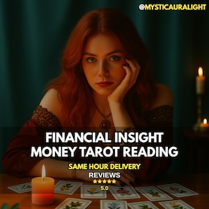 Könnte beinhalten: Eine Frau mit roten Haaren und einem roten Kleid sitzt an einem Tisch mit Tarotkarten und einer brennenden Kerze. Der Text auf dem Bild lautet "FINANCIAL INSIGHT MONEY TAROT READING" und "SAME HOUR DELIVERY REVIEWS 5.0". Das Bild enthält auch den Text "@MYSTICAURALIGHT".