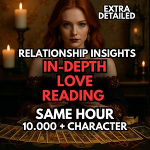 Op de afbeelding: Afbeelding die relatie-inzichten en liefdeslezingen promoot. De tekst bevat "Relatie-inzichten", "Diepgaande Liefdeslezing" en "Zelfde Uur". Een vrouw met rood haar staat centraal, met tarotkaarten en kaarsen op de achtergrond.
