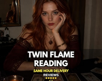 May include: A person with long auburn hair wearing a dark red off-the-shoulder top with gold trim, a gold necklace, and a gold bracelet. The text TWIN FLAME READING, SAME HOUR DELIVERY, REVIEWS, and 5.0 stars are displayed over tarot cards.