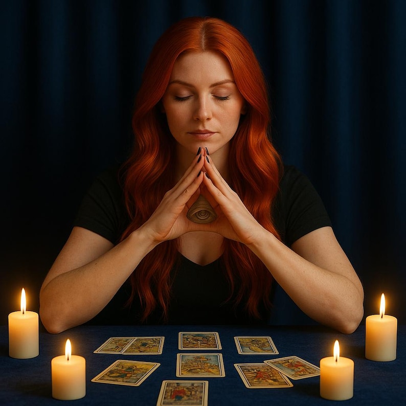 May include: A person with long red hair and a black top is seated at a table with tarot cards. Lit candles flank the cards. The person's hands are in a triangle shape, with an eye symbol in the center.