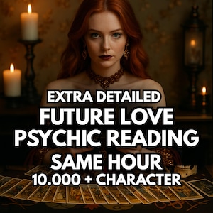 May include: A woman with red hair and a dark red necklace is centered in the image. The text reads "EXTRA DETAILED FUTURE LOVE PSYCHIC READING SAME HOUR 10.000 + CHARACTER". Tarot cards are laid out on a table.