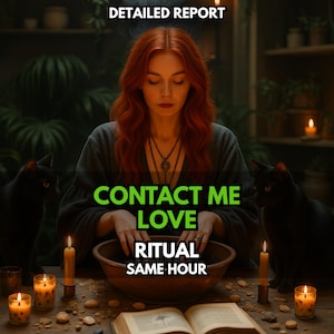May include: An image featuring a woman with red hair, surrounded by black cats and candles. The text "CONTACT ME LOVE RITUAL SAME HOUR" is displayed in green. The scene evokes a mystical or spiritual theme.