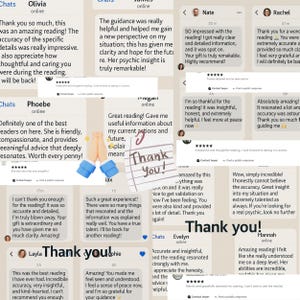 May include: A collage of customer reviews and chat messages featuring positive feedback about psychic readings. The text includes names like Olivia, Nate, Rachel, Phoebe, and Megan, with multiple instances of the handwritten phrase Thank you!