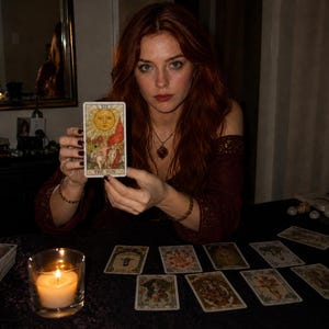 K&ouml;nnte beinhalten: Eine rechteckige Tarotkarte mit dem Titel The Sun, die eine gelbe Sonnenillustration &uuml;ber einem Kind auf einem wei&szlig;en Pferd zeigt, gehalten von einer Person in einem dunkelroten schulterfreien Oberteil mit goldener Halskette und Armb&auml;ndern.