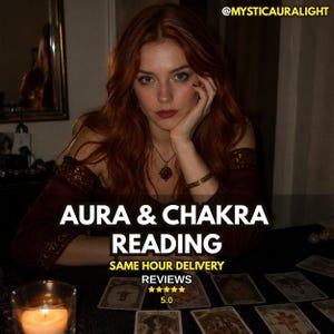 Peut inclure: Une personne aux longs cheveux auburn portant un haut bordeaux à épaules dénudées avec des bordures dorées, un collier et un bracelet. Le texte indique : @MYSTICAURALIGHT, AURA & CHAKRA READING, SAME HOUR DELIVERY, REVIEWS, 5.0 stars.
