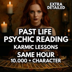 Pode incluir: Imagem de uma mulher ruiva com batom escuro, rodeada por velas e cartas de tarot. Sobreposição de texto: "PAST LIFE PSYCHIC READING, KARMIC LESSONS, SAME HOUR, 10.000 + CHARACTER". A imagem tem um rótulo "EXTRA DETAILED".