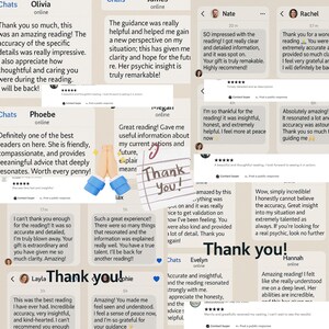 May include: A collage of customer reviews expressing gratitude. The reviews are from online chats and include phrases like "Thank you," "amazing reading," and "insightful." The image features a handwritten "Thank You!" note.