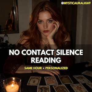 May include: A person with long auburn hair wearing a dark maroon off-the-shoulder top with gold trim, sitting at a table with tarot cards and a lit candle. Text reads: NO CONTACT SILENCE READING, SAME HOUR • PERSONALIZED, @MYSTICAURALIGHT.