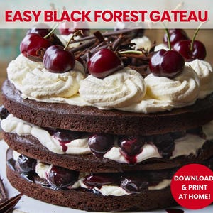 Ricetta Torta Foresta Nera / Torta a 3 piani con ciliegie e panna / Ricetta digitale per dessert facile / Idee per torte e budini di compleanno