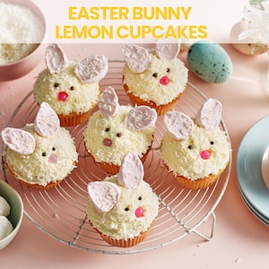 Ricetta per cupcake al limone e coniglietto pasquale / Idea carina per cupcake primaverili / Scheda ricetta digitale per dessert per dolci pasquali e feste per bambini