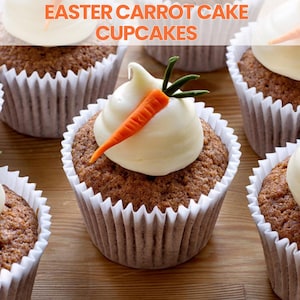 Ricetta per cupcake pasquali alla carota per bambini. Dolce primaverile facile per bambini. Scheda ricetta digitale per dolci pasquali, feste e vendite di dolci.
