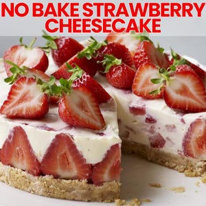 Ricetta per cheesecake alle fragole senza cottura / Dessert estivo facile / Scheda ricetta digitale per cucinare a casa e per occasioni speciali
