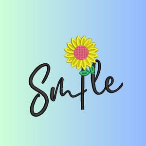 Könnte beinhalten: Eine digitale Grafik mit einer gelben Sonnenblume mit rosa Mitte und grünen Blättern. Das Wort "Smile" ist in schwarzer Schreibschrift unter der Blume geschrieben. Der Hintergrund verläuft von hellblau nach grün.