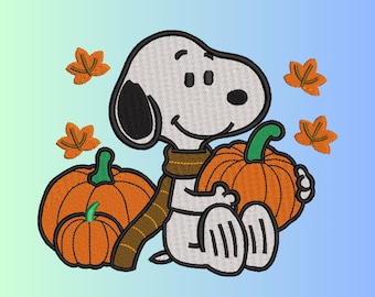May include: An embroidered design featuring a white cartoon dog with black ears and a brown scarf, holding an orange pumpkin. Two other pumpkins and orange leaves are also present, set against a gradient blue and green background.