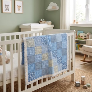 May include: A patchwork quilt featuring a variety of blue and white fabric squares with floral, gingham, and polka dot patterns. The quilt has a white ruffled border and is draped over the side of a white wooden crib with vertical slats.