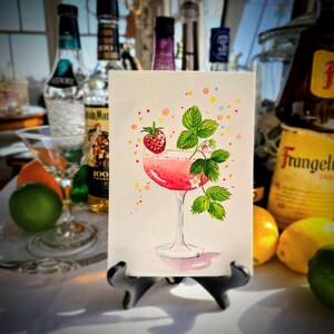 Cocktail Garden: wydruk akwarelowy Strawberry Daiquiri - dekoracja wózka barowego, letnia sztuka ścienna