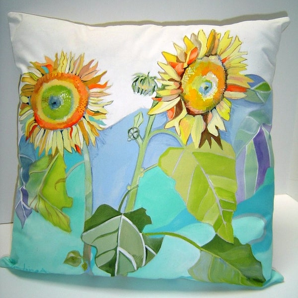 Sunflowers Hand Painted Pillow  16x16  Yellow Sunflowers Blue Teal  Home Decor Accent Pillow