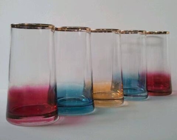 Vintage Colored Glass Tumblergold Rim Etsy