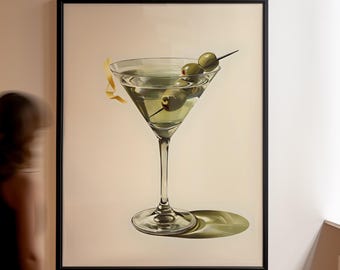 Classic Olive Martini Digital Print | Cocktail Wall Art | Minimalist Bar Cart Decor | Vintage Martini Poster | Home Bar Download