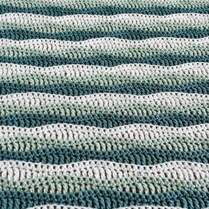 May include: A handmade crochet blanket with a wave-like pattern. The blanket features alternating stripes of white, light green, medium green, and teal. The texture is visible, showcasing the individual stitches.