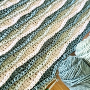May include: A handmade crochet blanket in shades of blue, green, and white, with a wavy striped pattern. Several balls of yarn in matching colors are visible, suggesting a crafting project. The blanket is made with a crochet hook.