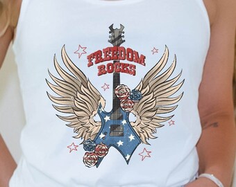 Fourth of July Tank Top T Shirt America Tee Red White and Blue Patriotic Shirt 4th of July Funny Shirt Merica USA Rock and Roll Guitar Wings