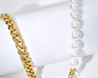 Half Pearl Half Gold Chain Necklace – 18K Gold Stainless Steel & Imitation Pearls