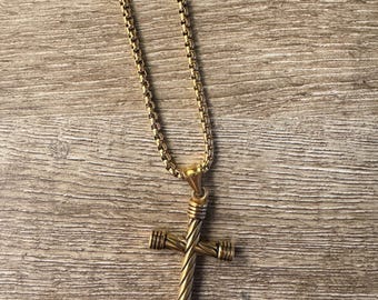 Gold Stainless Steel Cross Pendant Necklace for Men – 60cm Hip Hop Style Cast Metal Chain