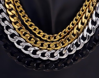 Gold Cuban Chain Necklace for Men and Women – 7mm Wide, 50cm Long – Stainless Steel Hip Hop Punk Style Couples Necklace