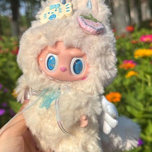 handmade labubu custom doll – pop mart original base - sea salt mochi cloud custom labubu – fluffy white angel with curls & handmade pastel
