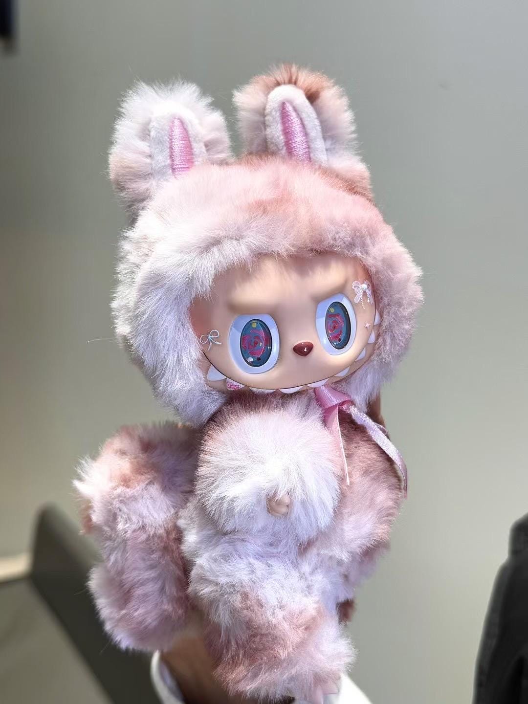 handmade labubu custom doll – rose tie-dye style plush, soft pink & wine red fur, inspired by roses- pop mart original base–include US tax
