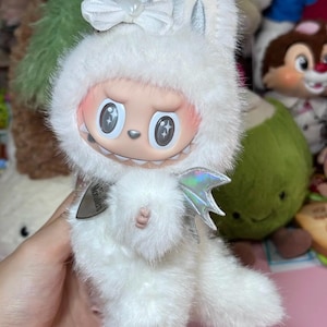handmade labubu custom doll – white angel bunny design – shimmering plush with holographic wings – silver accents - pop mart official base