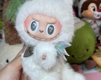 handmade labubu custom doll – white angel bunny design – shimmering plush with holographic wings – silver accents - pop mart official base