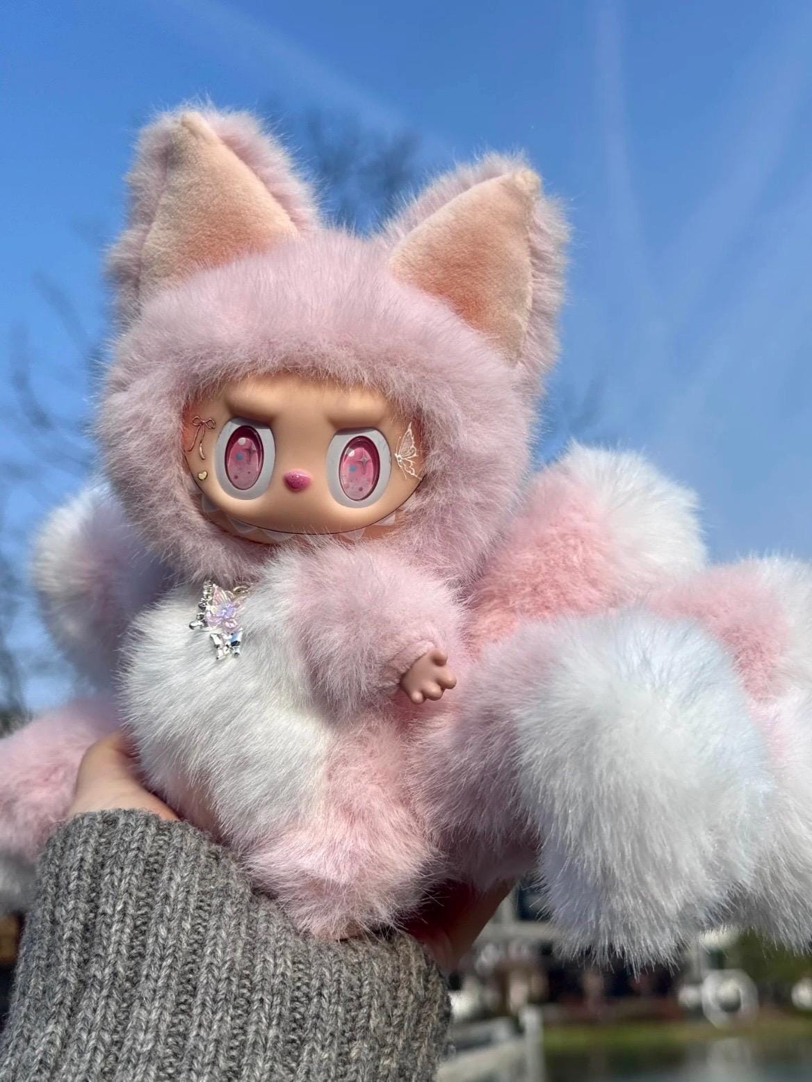 custom labubu full doll – nine-tailed fox spirit edition with fluffy fur – handmade plush figure – pop mart original base – not costume