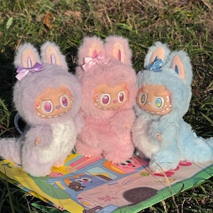 handmade labubu custom doll – purple sweet potato pudding & strawberry pudding – soft plush with hand-painted eyes – original pop mart base