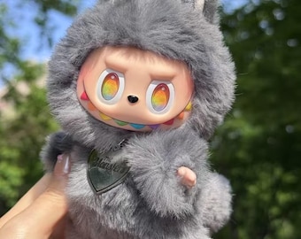 handmade custom labubu plush doll – grey fuzzy style  – fully handmade art toy (not costume) – pop mart official base