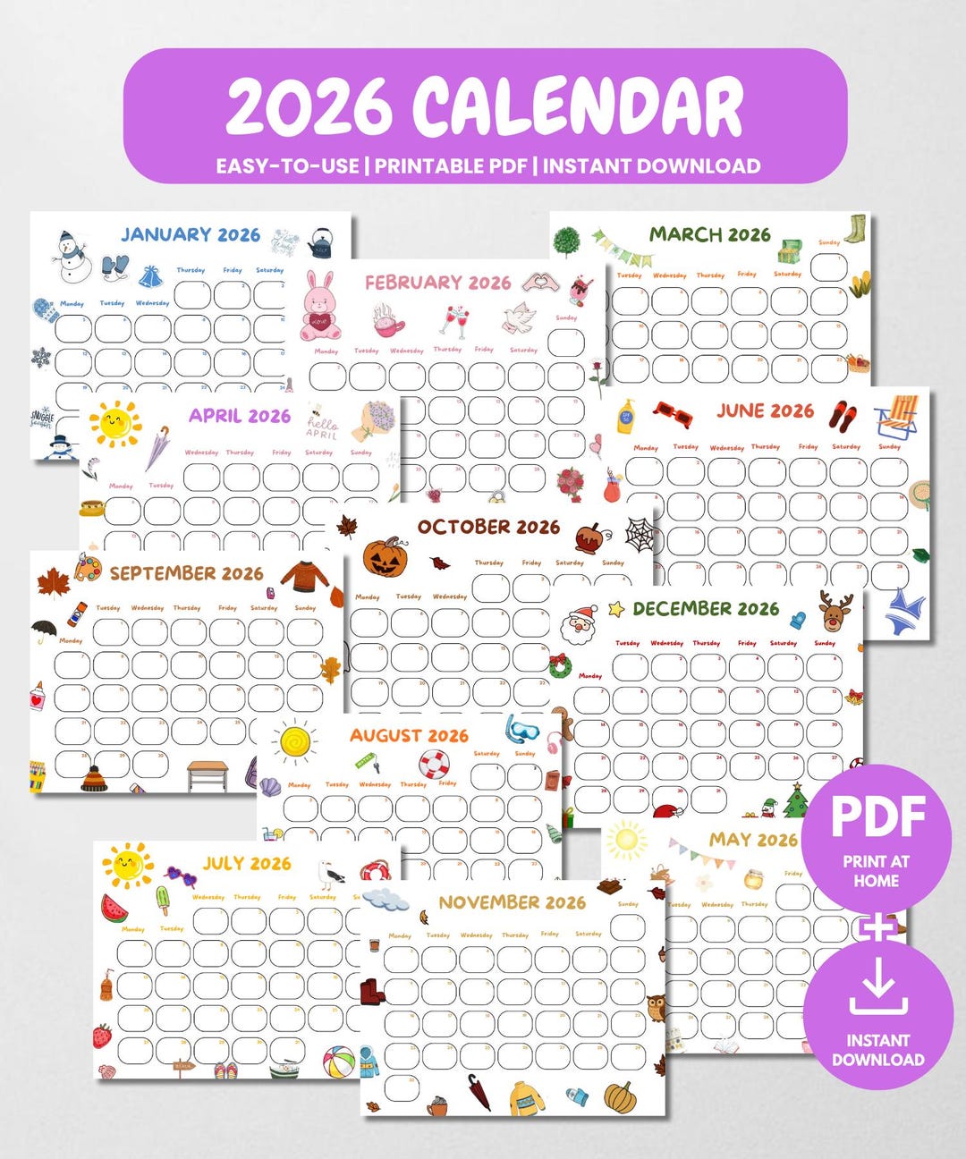 Printable 2026 Kids Calendar: Monthly Planner (digital Download PDF) - Etsy