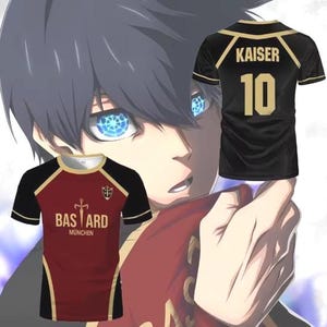 May include: A black and red soccer jersey with the text "BASTARD MUNCHEN" and a sword graphic. A second black soccer jersey with the text "KAISER 10" is visible in the background.