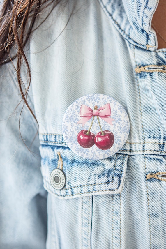 Cherry Button Gift Idea Blue Toile Pin Elegant French Country 2.25 3 Inch Button Cottagecore Cherry Lover Gift Handmade Gifts For Her