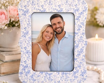 Toile Picture Frame Blue Floral Cottage Style French Country Home Decor Nursery Wall Display Personalized Photo Gift Wedding Housewarming