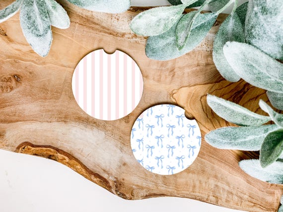 Coquette Car Coasters Set Blue Bow Pink Stripe Gift Idea for Her Feminine Aesthetic Car Accessories Cute Car Decor Pretty Driver Gift