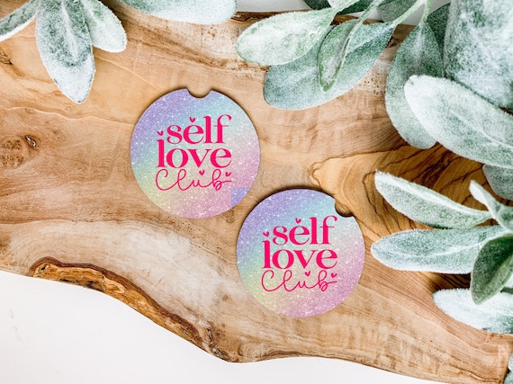 Self Love Club Car Coasters Motivational Gift Idea Pastel Glitter Coaster Set for Her Aesthetic Car Decor Positive Affirmation Gift