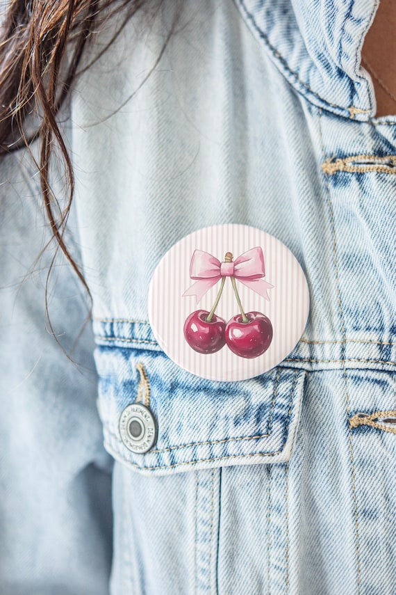 Cherry Button Gift Idea Pink Stripe Pin Cute Girly Accessory 2.25 3 Inch Button Retro Cherry Lover Gift Handmade Pin